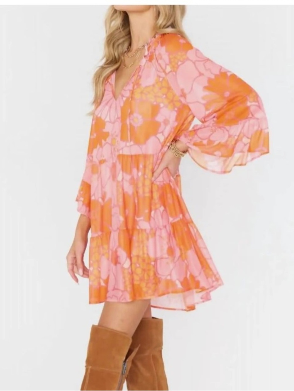 Show Me Your Mumu Pink Orange Floral Peasant vibrant floral Viola Mini Dress